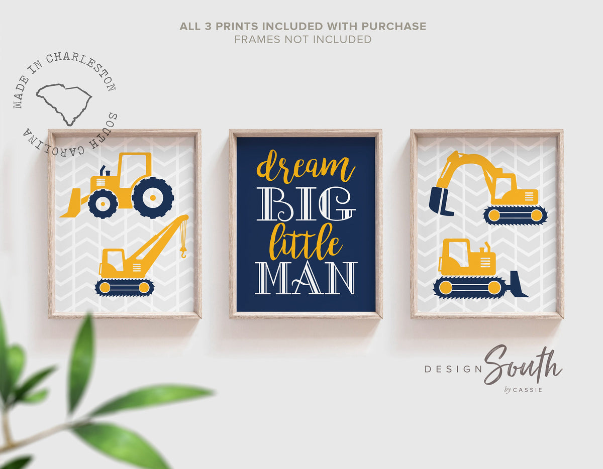 Baby boy construction nursery decor navy blue and yellow, digger print Design South