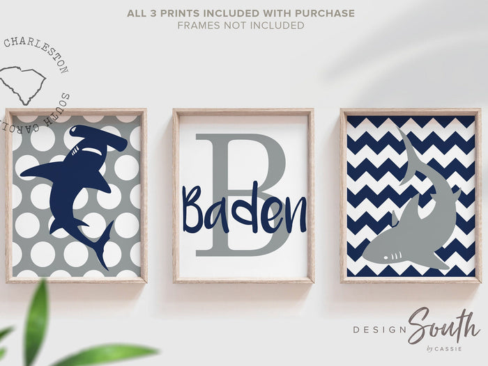 Shark nursery decor navy blue and gray boys personalized, shark decor, shark nursery, shark art, wall art for boys customized, boys sharks