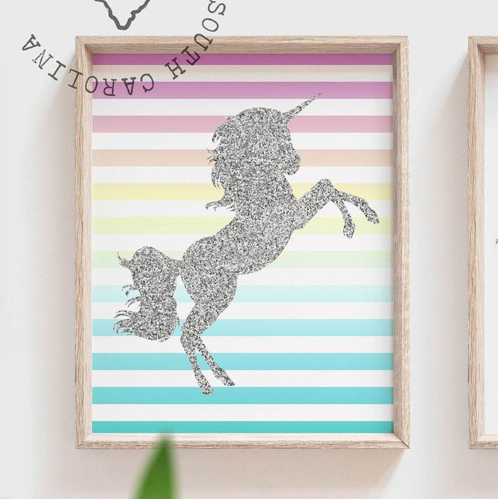 Silver glitter sparkle nursery wall art baby room, gift for little girl ombre mermaid unicorn girl's name, sparkle bedroom wall art for girl