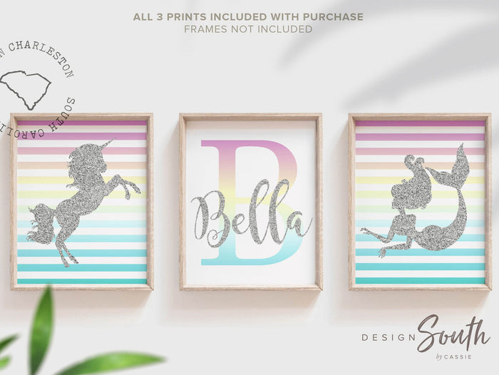 Silver glitter sparkle nursery wall art baby room, gift for little girl ombre mermaid unicorn girl's name, sparkle bedroom wall art for girl