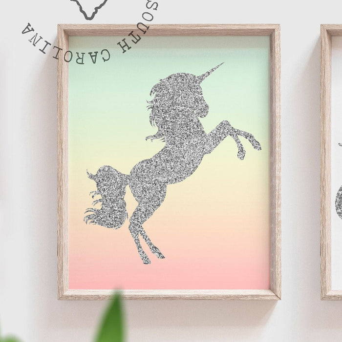 Unicorn mermaid theme art prints baby room, gift for girl gold sparkle, unicorn girl room wall decor, pink mint gold nursery decor baby girl