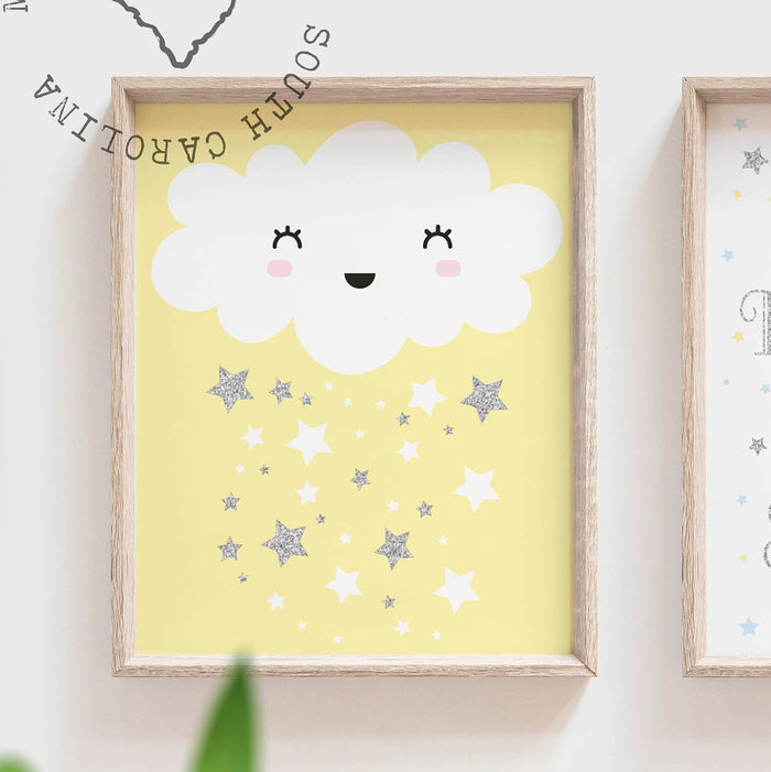 Yellow gray blue twin nursery wall art, boy girl nursery decor, gift for twins yellow, baby shower twins, celestial theme stars clouds twin