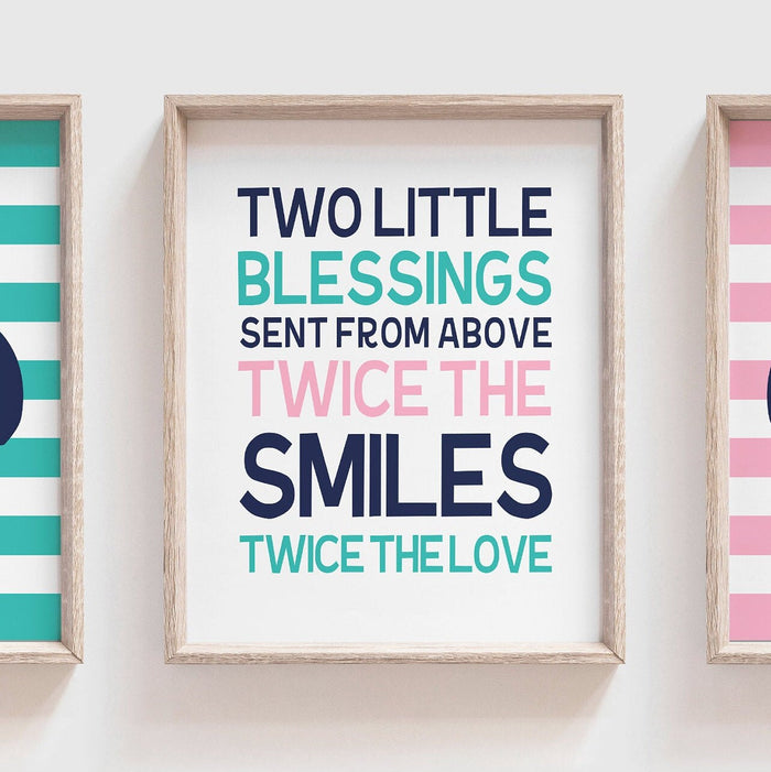 Twin nursery decor, whale twin nursery art, pink navy blue quote for twins, twin nursery for boy and girl, gift for twins nautical theme art