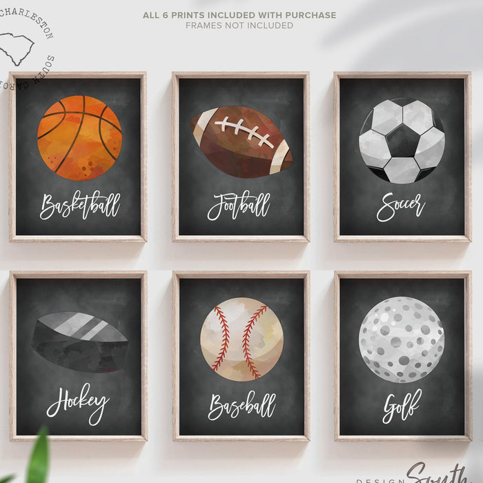 Sports wall prints for kid room, sports balls wall pictures, sports art collection set, basketball baseball soccer football wall art nursery