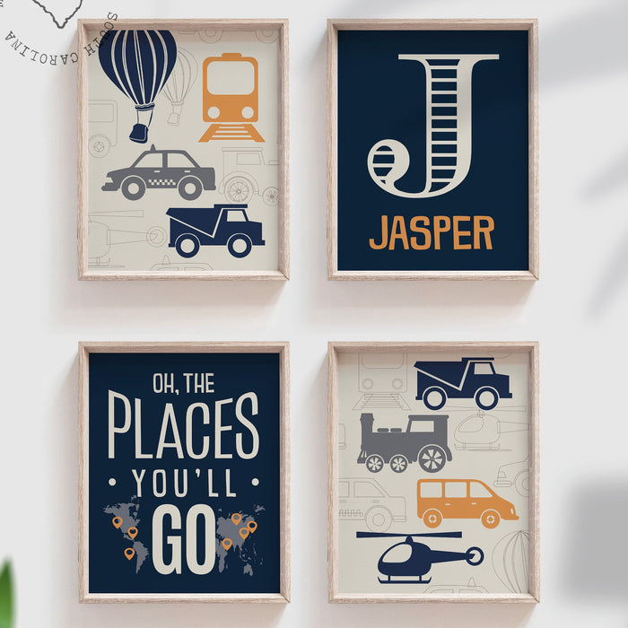 Transportation theme nursery decor, gray orange navy blue oh the places you'll go, personalized print transportation helicopter train decor