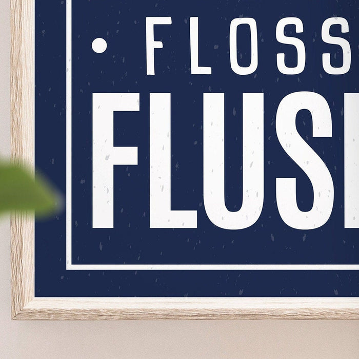 Wash, Brush, Floss, Flush, bathroom print in navy and white, bathroom print for children, navy bathroom print for boys or girls, white navy