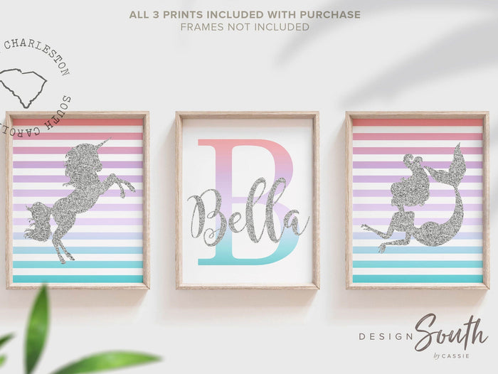 Unicorn nursery art, set of 3 prints, rainbow mermaid girls nursery decor, baby girl nursery, wall art print girl room, shower gift for girl