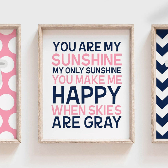 Twin baby room, lamb nursery art prints, pink navy sheep twins, baby shower gift, boy girl shared nursery wall art, you are my sunshine art