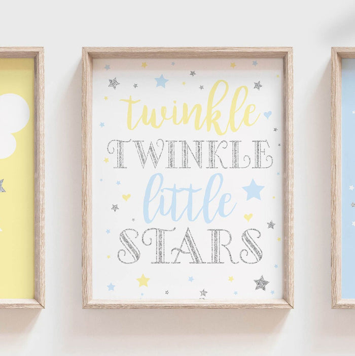 Yellow gray blue twin nursery wall art, boy girl nursery decor, gift for twins yellow, baby shower twins, celestial theme stars clouds twin