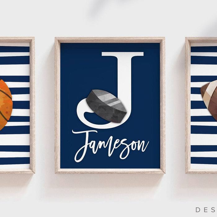 Sports personalized gift for boy, sports theme nursery, boys name art prints sports, basketball hockey football name decor navy blue stripes