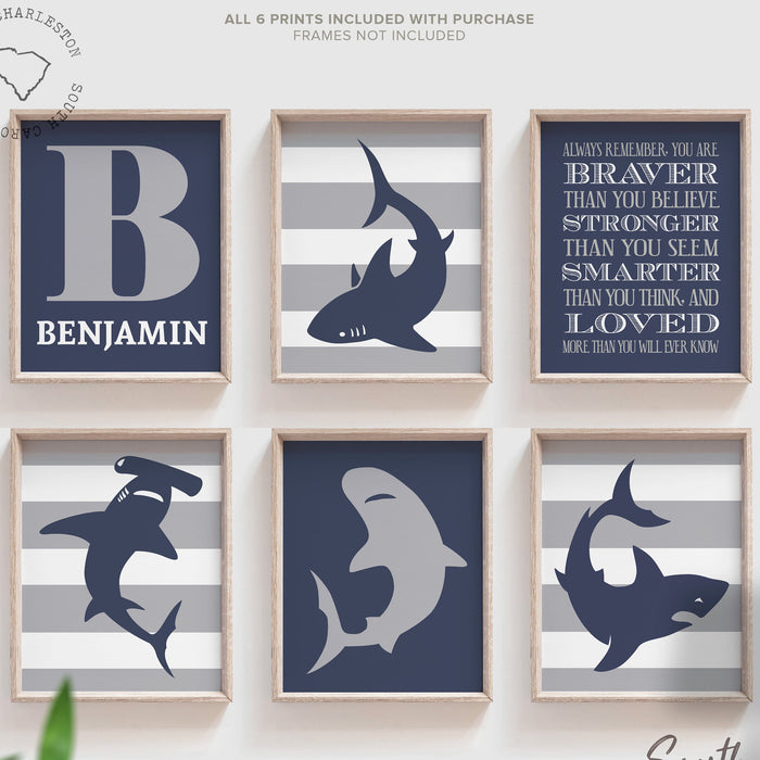 Shark boys room name initial personalized, shark bedroom decor, gift for boy shark lover, shark themed boys room, big boy bedroom wall art