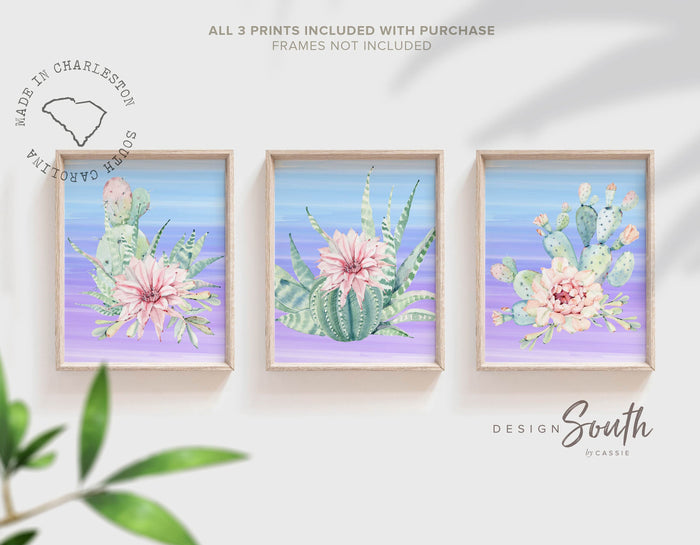 Summer colors girl nursery, desert boho succulent nursery decor, pink purple blue baby girl wall, cactus blooms theme room, succulent prints