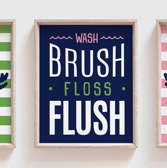 Bathroom decor, alligator bathroom decor, children's bathroom decor, boy girl bathroom, pink, navy blue, green, wash, brush, floss, flush