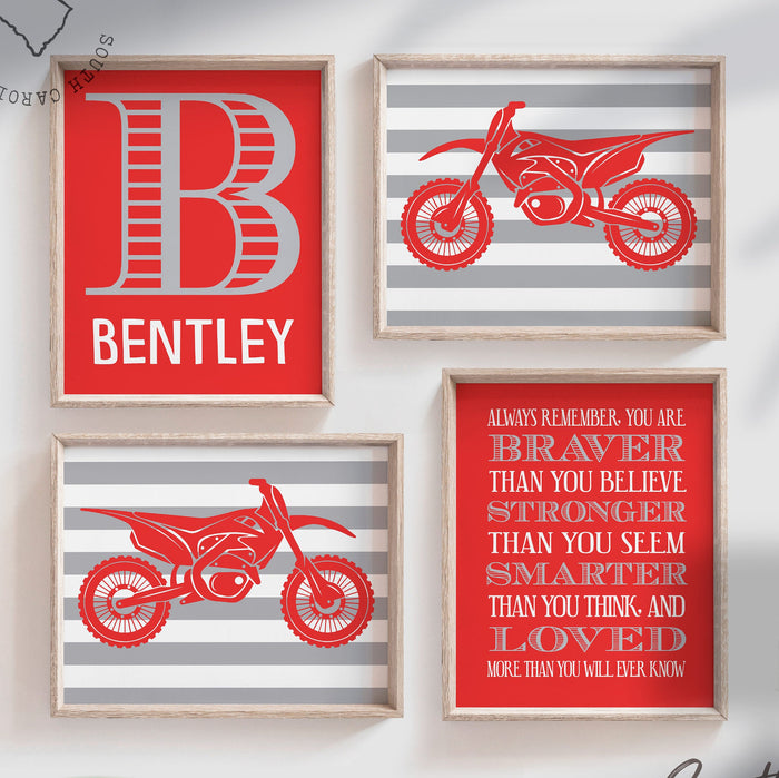 Red dirt bike boys room, dirt bike themed wall art, motorbike racing child bedroom wall, motocross dirt bike prints, red dirt bike gift boy