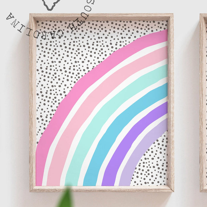 Rainbow nursery or bedroom, baby girl wall art theme pastel rainbow personalized name, pink nursery art prints, rainbow baby room wall decor
