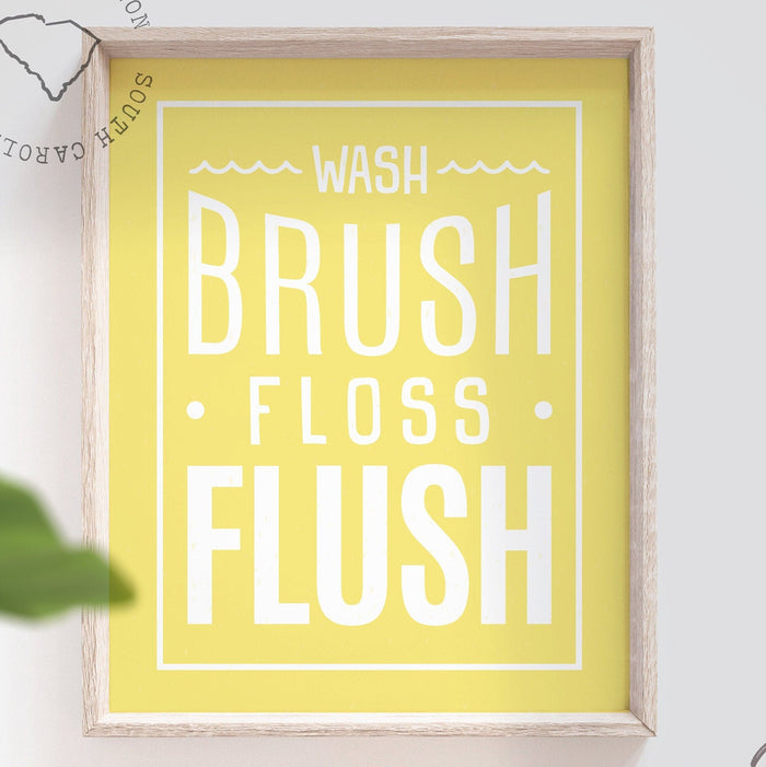 Wash, Brush, Floss, Flush, bathroom print in yellow, bathroom print for children, yellow bathroom print for boys or girls, white yellow kids