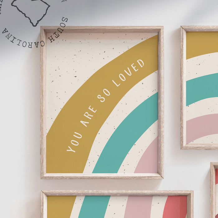 You are so loved kids art, gender neutral nursery with quote, kids room rainbow decor, wall art rainbow themed, child playroom ideas neutral