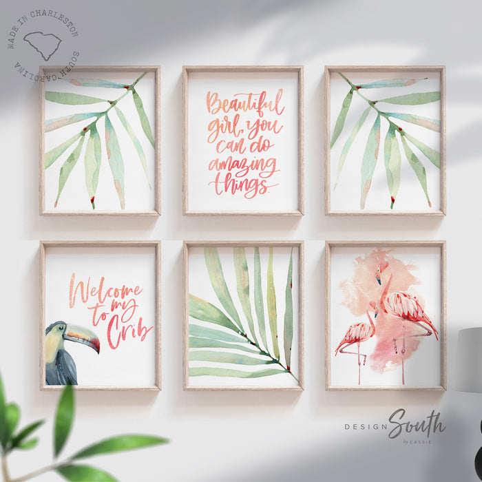 Tropical baby girl room, quote for little girls, tropical pink flamingo gallery wall, toucan welcome to my crib, pink and green nursery palm