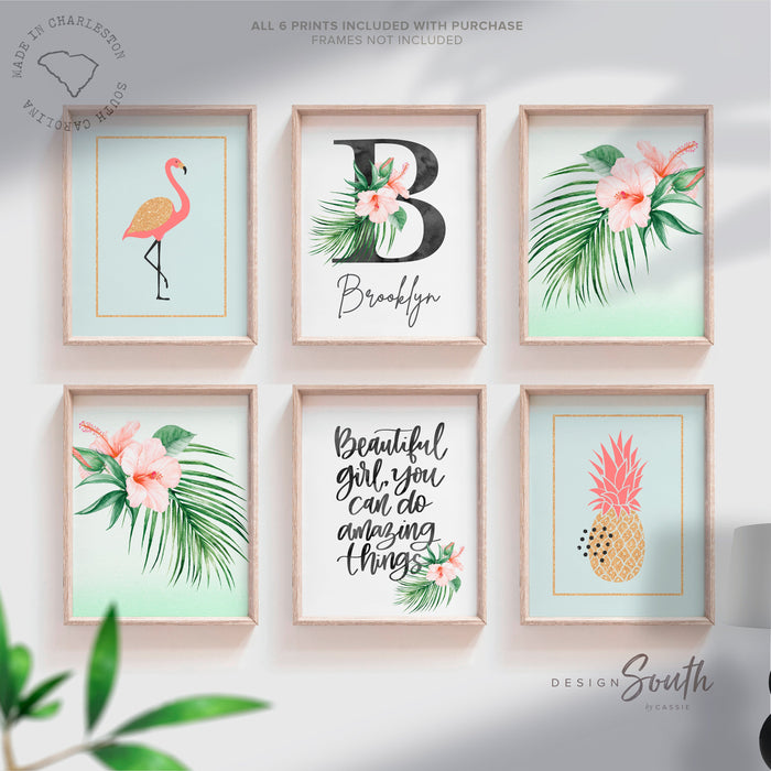 Tropical personalized name baby gift, mint aqua pink green tropical nursery art, baby girl quote flamingo palms, green pink aqua nursery art