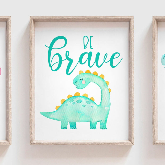 Sweet baby dinosaurs, nursery dinosaur themed wall art pink mint blue, love big be kind be brave with dinosaur, baby decor dinosaur wall art