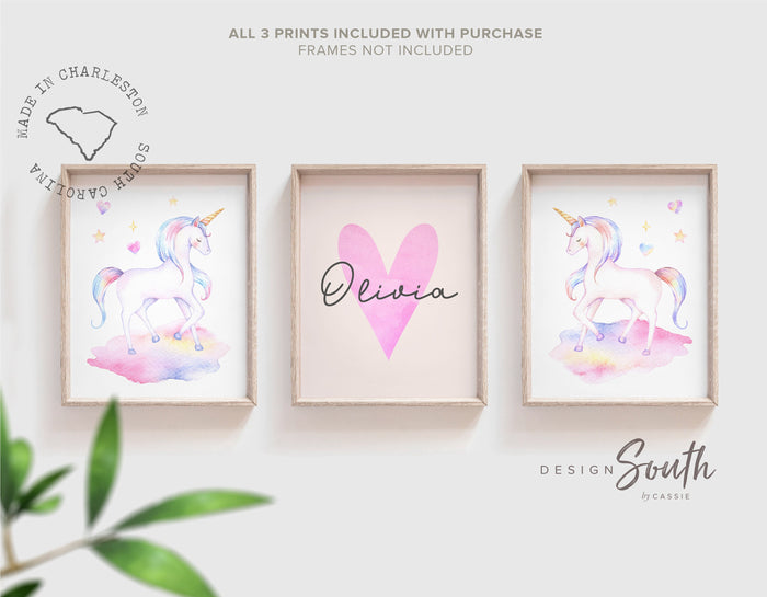 Unicorn kids art, set of three girls prints unicorn themed, pastel wall art unicorn stars hearts clouds, personalized girl name heart decor