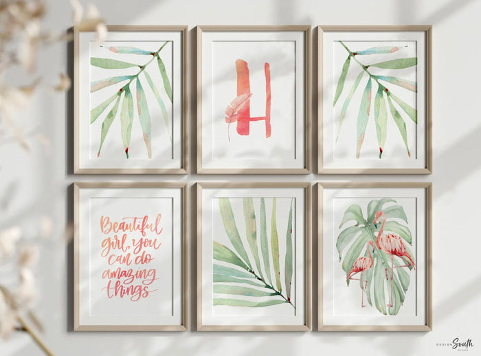 Girls nursery decor, tropical leaf flamingo decor, girls nursery tropical theme, girls bedroom theme, pink tropics nursery flamingo baby art