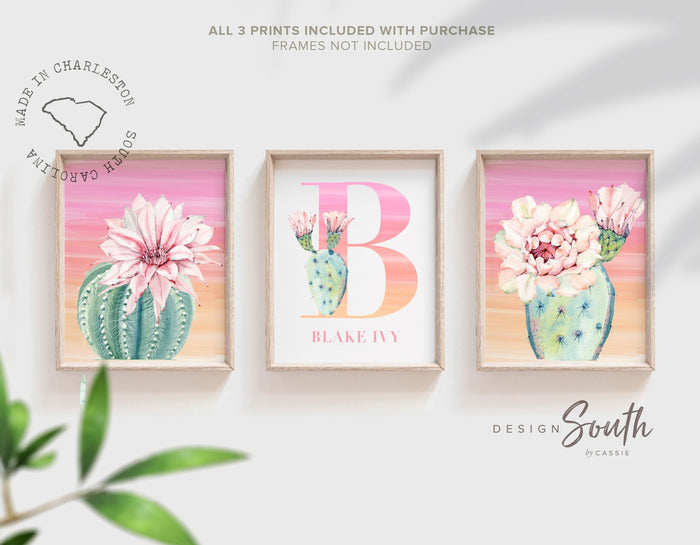 Girl nursery decor, baby girl wall art, pink floral personalized name art prints, cactus blooms theme, boho cactus baby room art pink orange