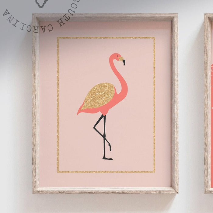Coral palm tropical nursery decor, girls name coral pink flamingo prints for child's room, coral pink and gold, wall art for girl's bedroom