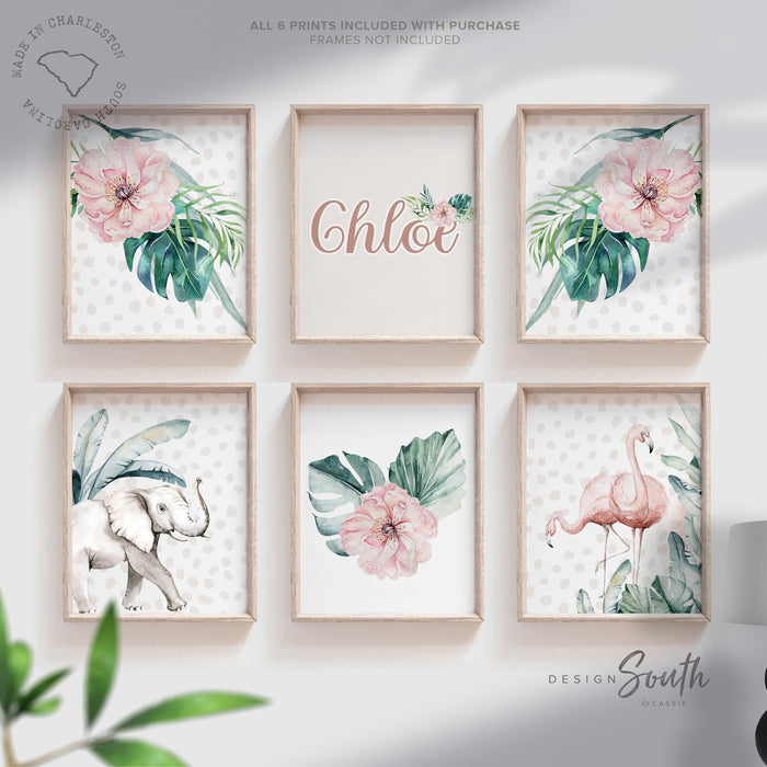 Safari girl room, jungle animals with pink flowers toddler girl art, palm nursery art, personalized name with animals prints, pink green art