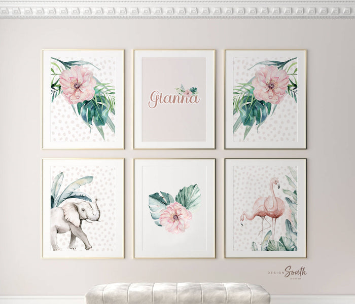 Safari girl room, jungle animals with pink flowers toddler girl art, palm nursery art, personalized name with animals prints, pink green art