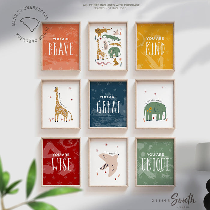 Modern boho kid print set, children gallery wall inspiring, modern boho safari animal themed room decor, you are affirmations art, baby room