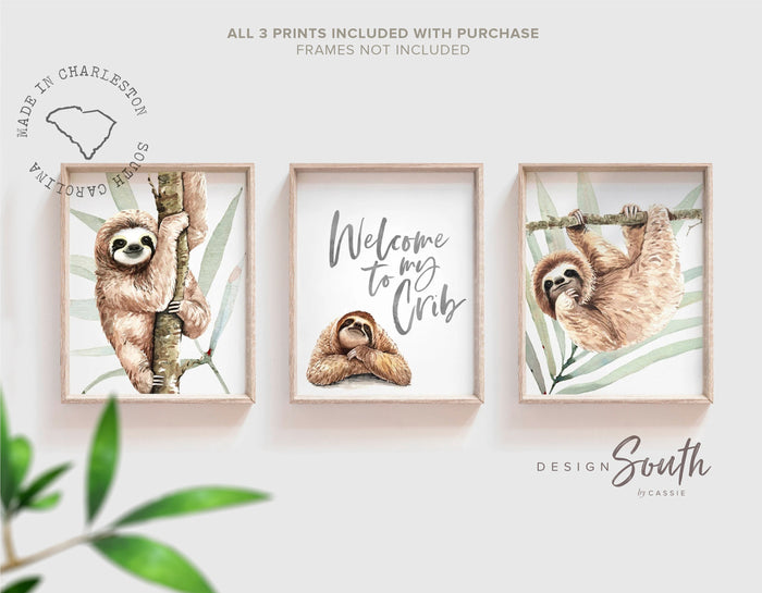 Sloth decor, tropical sloth baby shower, sloth wall art prints for baby, sloth birthday party gift, sloth decorations baby crib, sloth print