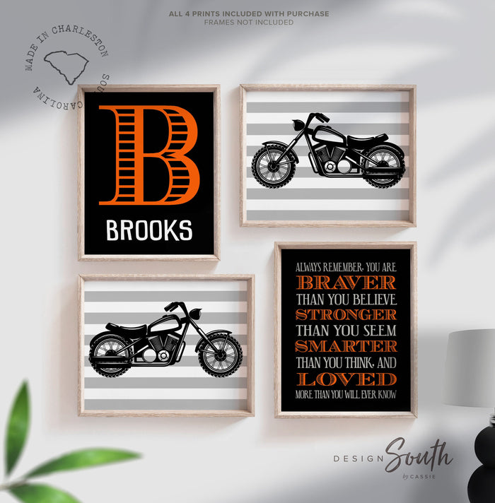 Motorcycle Boys' Room Decor — Black & Orange Name Prints