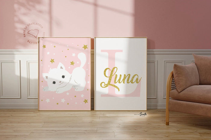 Nursery cat wall art, baby girl room animal, kitten nursery, cat lover room pink, kitten cute cat nursery wall, cat themed, custom baby name