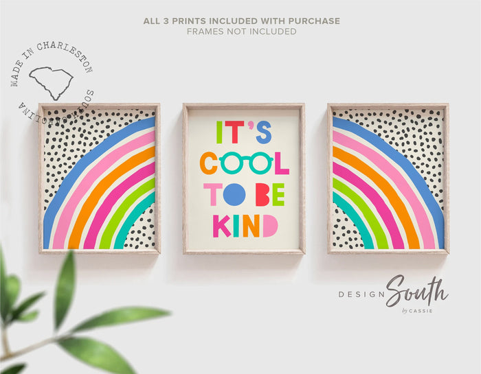 It's cool to be kind, kids wall art quote saying cool to be kind, colorful bright playroom art, bright playroom decor kindness affirmation