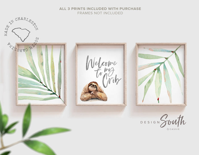 Sloth wall art set, sloth themed baby nursery, sloth nursery ideas, sloth tropical rainforest room decor, neutral sloth green gray newborn