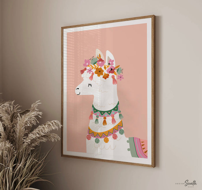 Neutral nursery muted boho colors baby room, elegant neutral girl's wall art, modern boho baby decor llama, nursery alpaca llama theme child