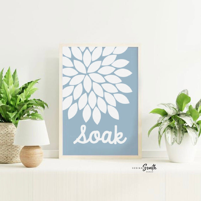 Blue gray adult bathroom art, prints for bathroom, soak relax unwind, floral print for bathroom, adult bathroom decor, bathroom flower art