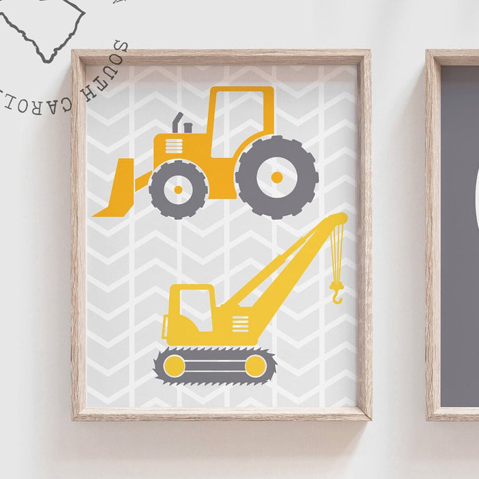 Boys construction trucks bedroom gray, toddler bedroom bulldozer excavator, dump truck room decor wall art print set, personalized kids gift