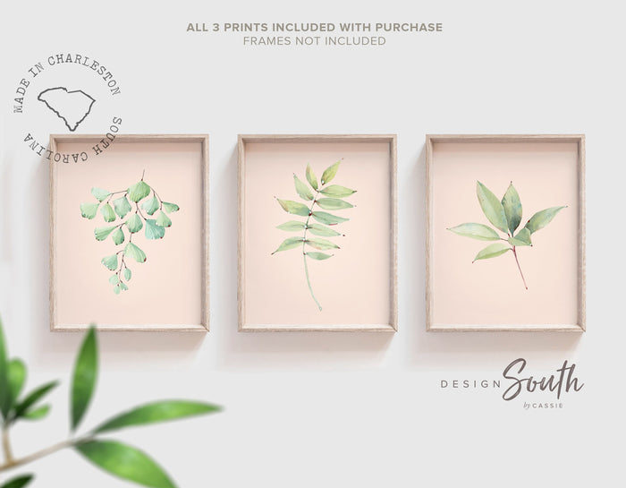 Blush pink and green plant wall art set, bathroom plant art, decor wall modern tropical plant, pink green bathroom, blush pink plant nursery