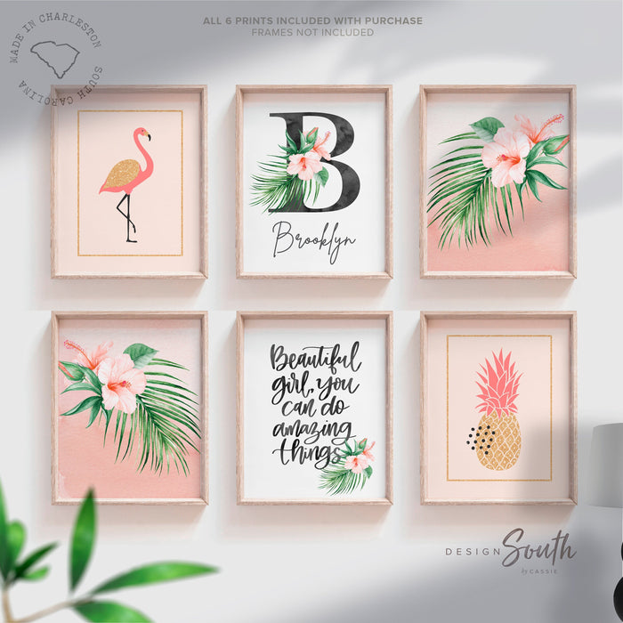 Peach palm coral tropical prints, bright floral tropical nursery art, palm beach baby room, blush peach gold tropical girl nursery bedroom