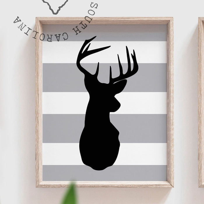 Nursery deer decor, deer prints, buck deer, black and gray deer art, deer art for playroom, deer for child's bathroom, personalized deer art