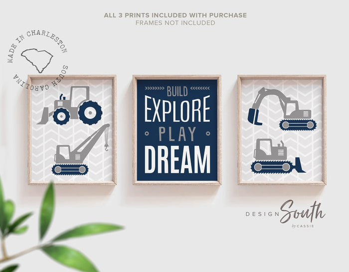 Boys room construction navy blue and gray, build explore play dream, construction equipment vehicles, boys bedroom decor, wall art for boys