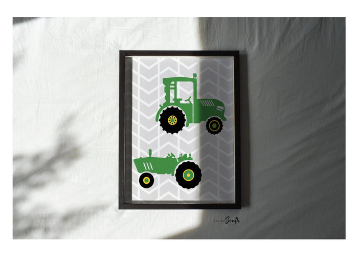 Kids farm tractor truck theme bedroom decor, baby boy tractor gift, boy nursery tractor theme, print poster set green gray tractor trucks