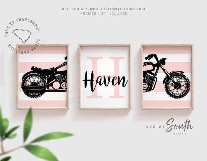 Girls motorcycle nursery or bedroom decor, girls pink harley motorcycle, girl motorcycle themed art, pink motorcycle decor monogram name art