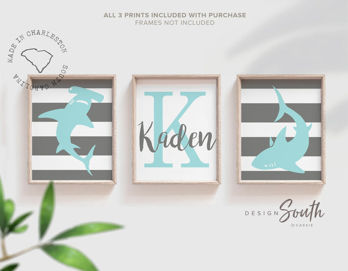 Baby boy sharks aqua and gray, boys aqua gray nursery, nursery shark theme, nursery shark decor, boys personalized, shark monogram nursery