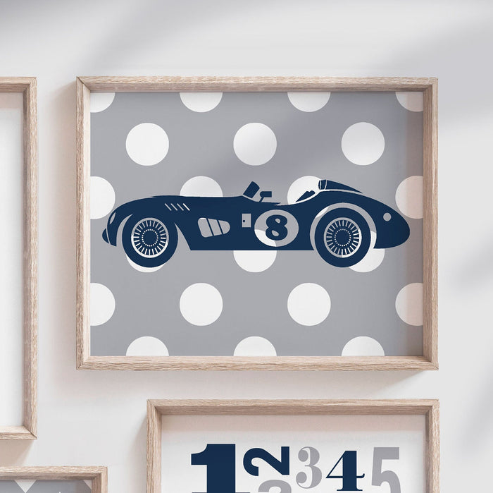 Vintage Race Car Nursery Decor — Navy & Gray Racing Set of 4