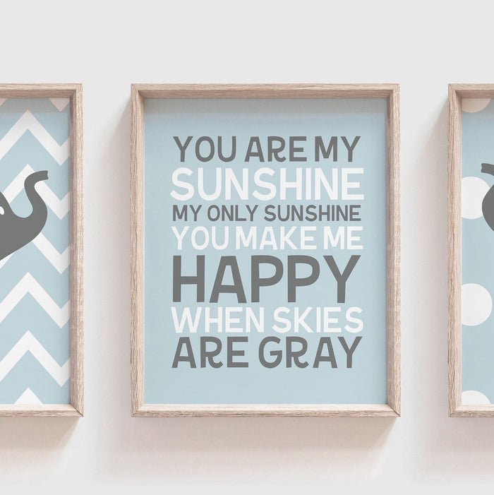 Elephant nursery you are my sunshine baby blue, baby boy nursery, boys nursery baby blue and gray, boys elephant nursery, baby elephant art