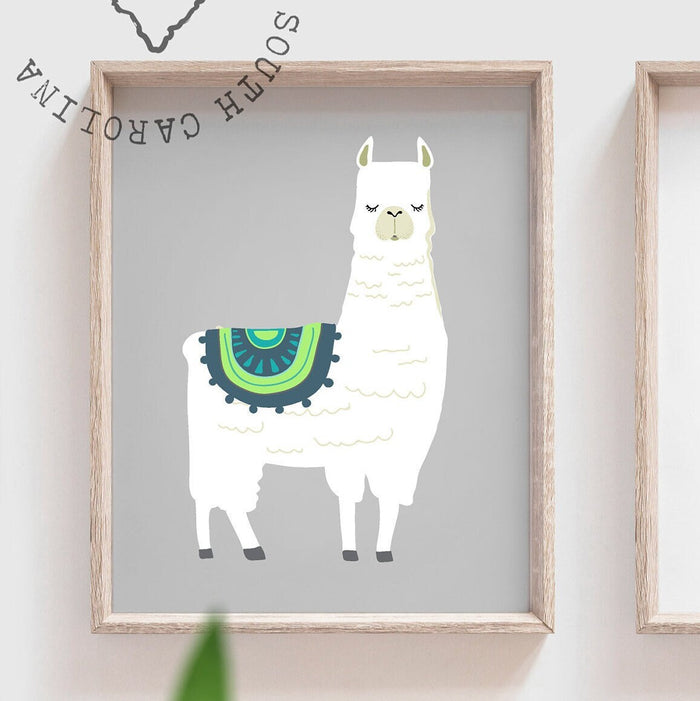 Teal blue cactus boho room decor, llama nursery boy alpaca, kid teal blue green boho child room art, cactus nursery boy, llama baby boy room