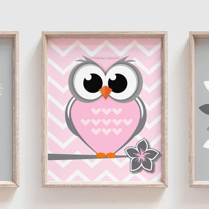 Pink Owl Nursery Decor — Baby Girl Owl Wall Art